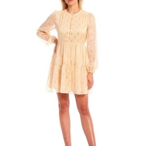 A Loves A Tiered Ruffle Long Sleeve Metallic Dot Peach Dress - Large